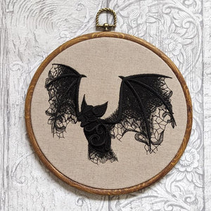 Lace Bat onto natural linen, Hoop Art, machine embroidered 8" hoop