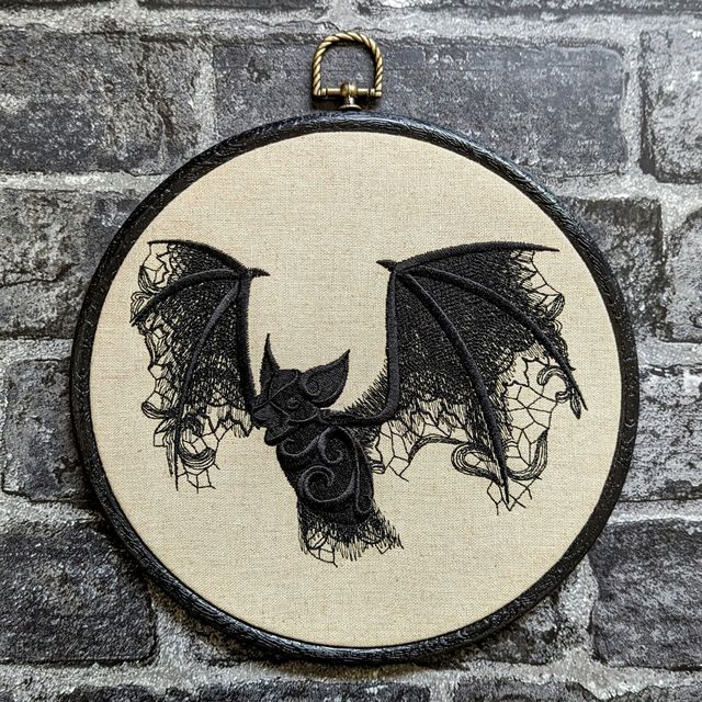 Lace Bat onto natural linen, Hoop Art, machine embroidered 8" hoop