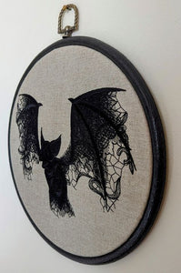 Lace Bat onto natural linen, Hoop Art, machine embroidered 8" hoop