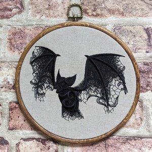 Lace Bat onto natural linen, Hoop Art, machine embroidered 8" hoop