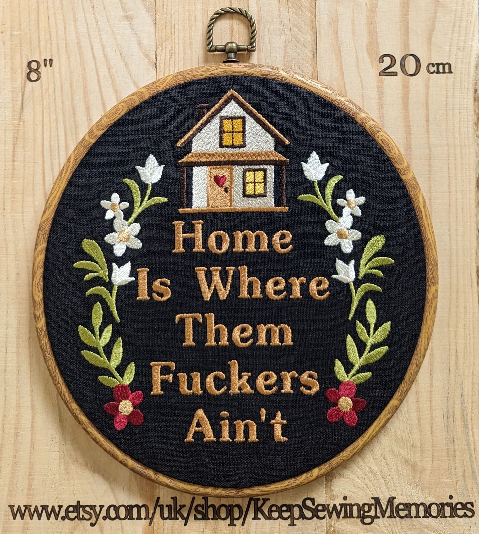 Home is where them fuckers ain't. Machine embroidery 8" hoop art