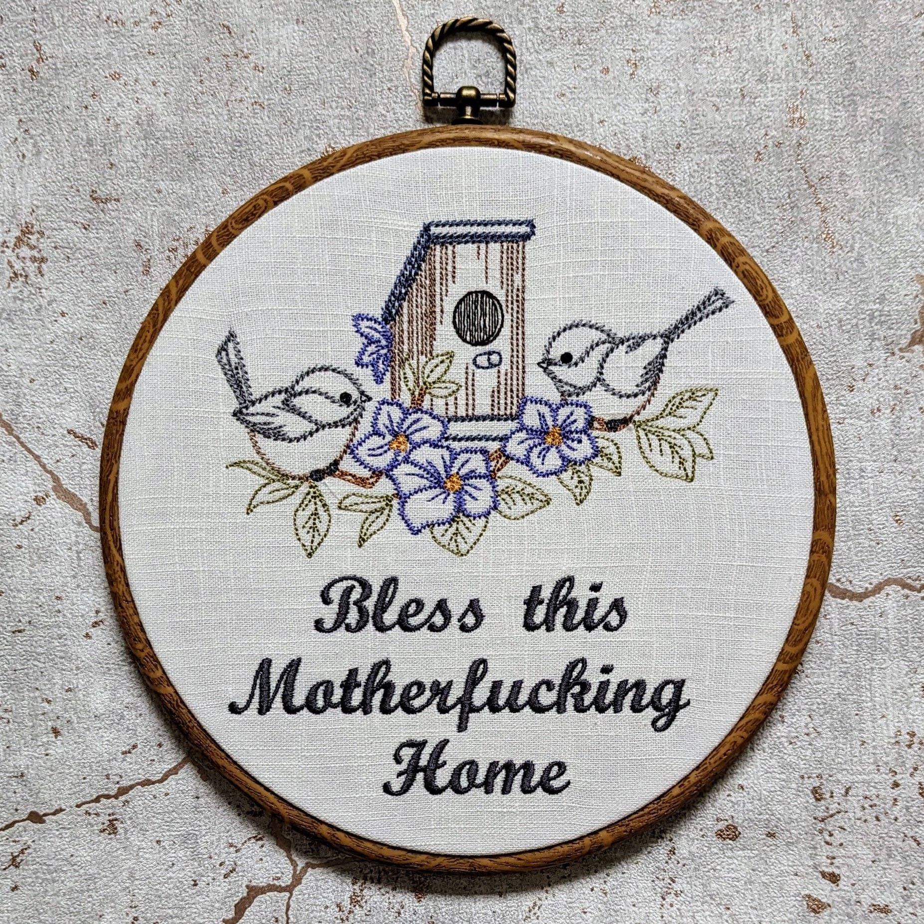 Bless this motherfucking home. Machine embroidery 8" hoop art