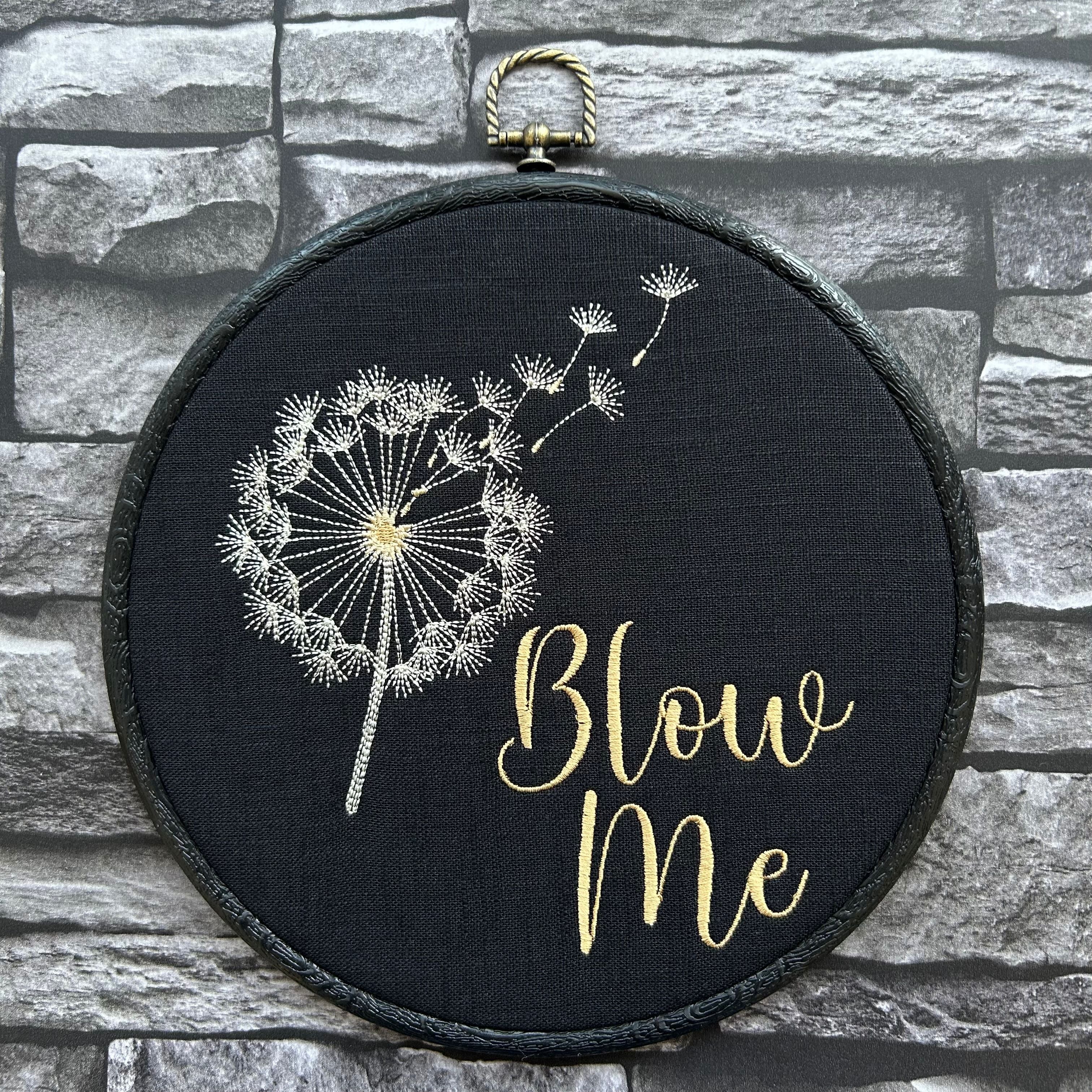 Blow Me, fun, subtle dandelion flower framed wall hanging, embroidery art. Vintage style with modern inspiration