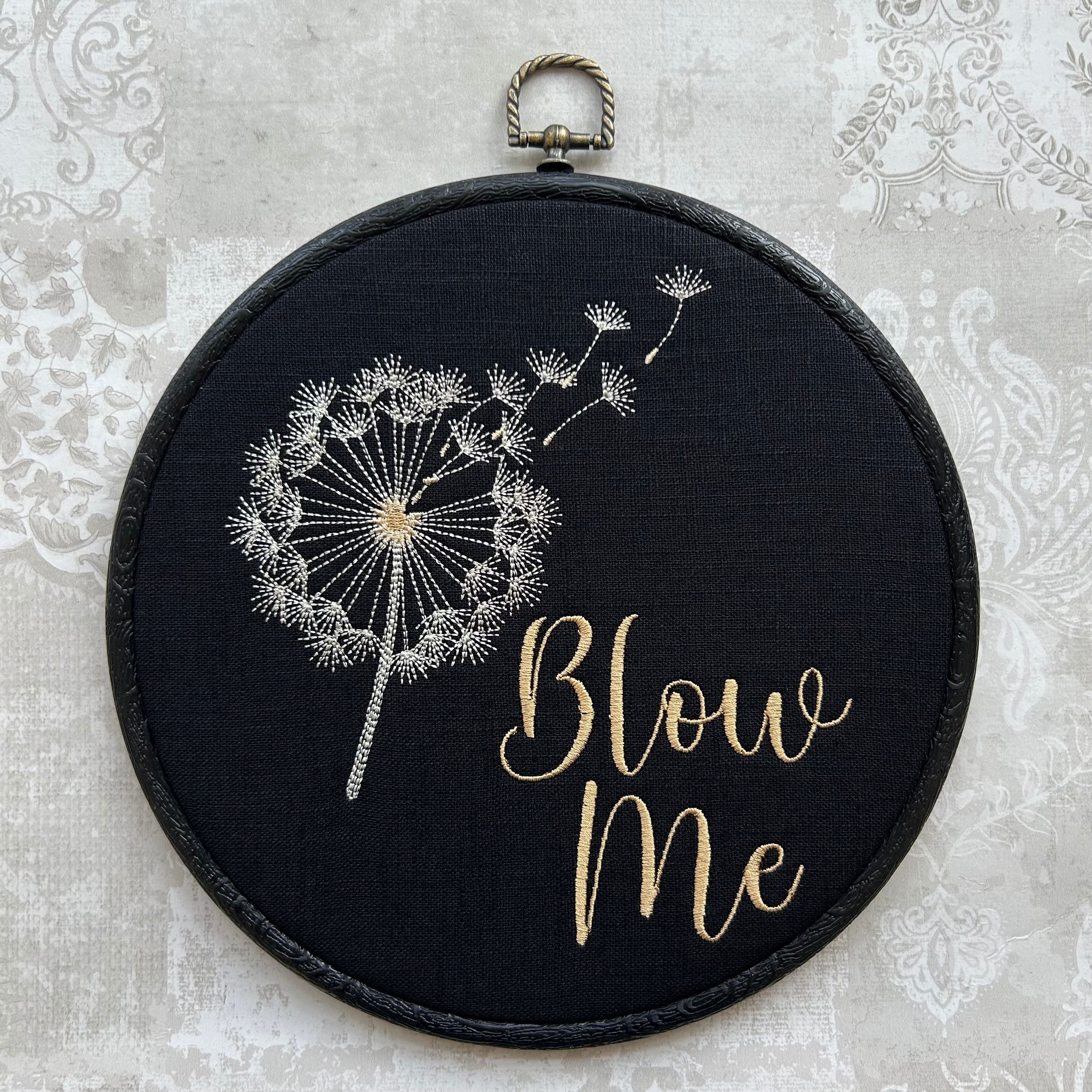 Blow Me, fun, subtle dandelion flower framed wall hanging, embroidery art. Vintage style with modern inspiration