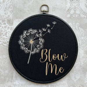Blow Me, fun, subtle dandelion flower framed wall hanging, embroidery art. Vintage style with modern inspiration