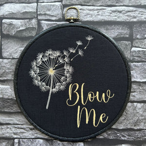 Blow Me, fun, subtle dandelion flower framed wall hanging, embroidery art. Vintage style with modern inspiration
