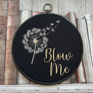 Blow Me, fun, subtle dandelion flower framed wall hanging, embroidery art. Vintage style with modern inspiration