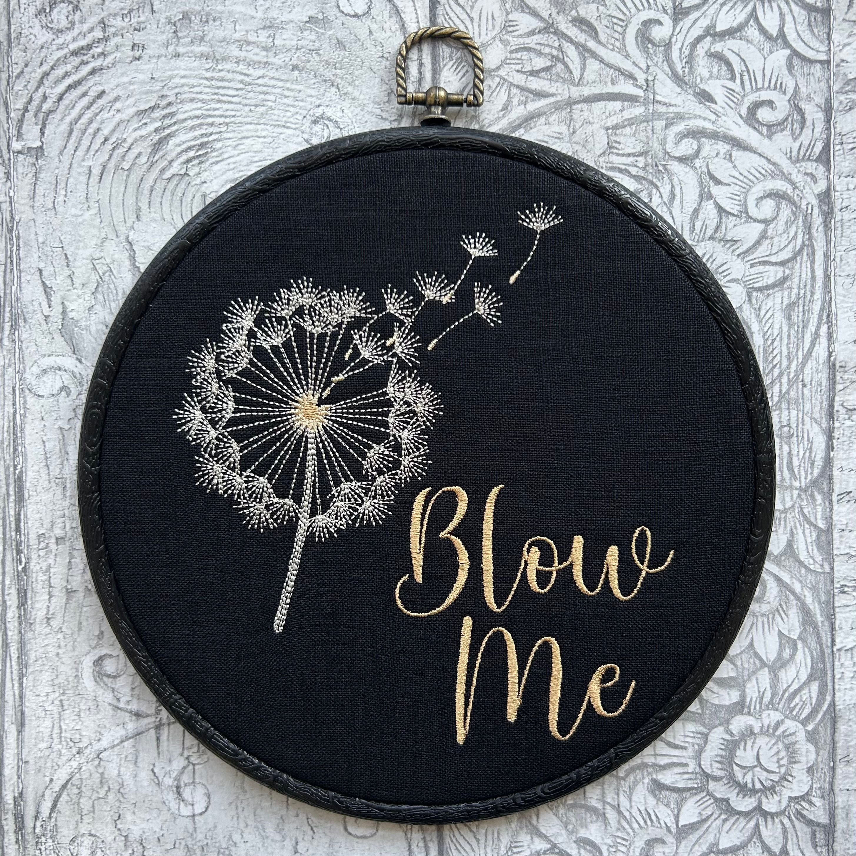 Blow Me, fun, subtle dandelion flower framed wall hanging, embroidery art. Vintage style with modern inspiration
