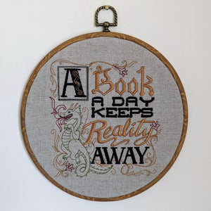 A book a day keeps reality away, 8" machine embroidered hoop