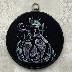 Ghosts in a bottle embroidery art. Machine embroidery 8" hoop. Gothic décor