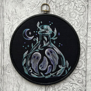 Ghosts in a bottle embroidery art. Machine embroidery 8" hoop. Gothic décor