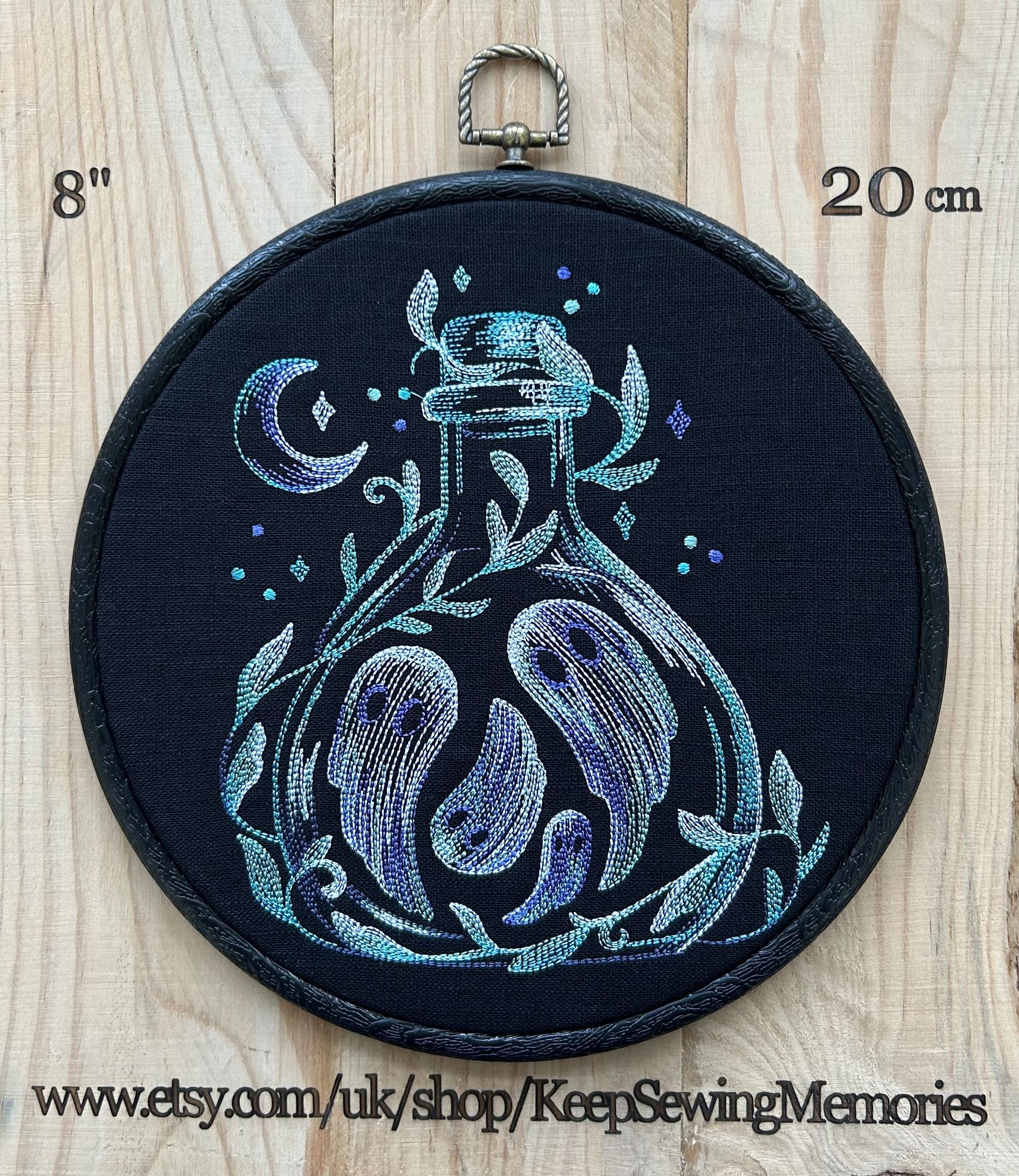 Ghosts in a bottle embroidery art. Machine embroidery 8" hoop. Gothic décor