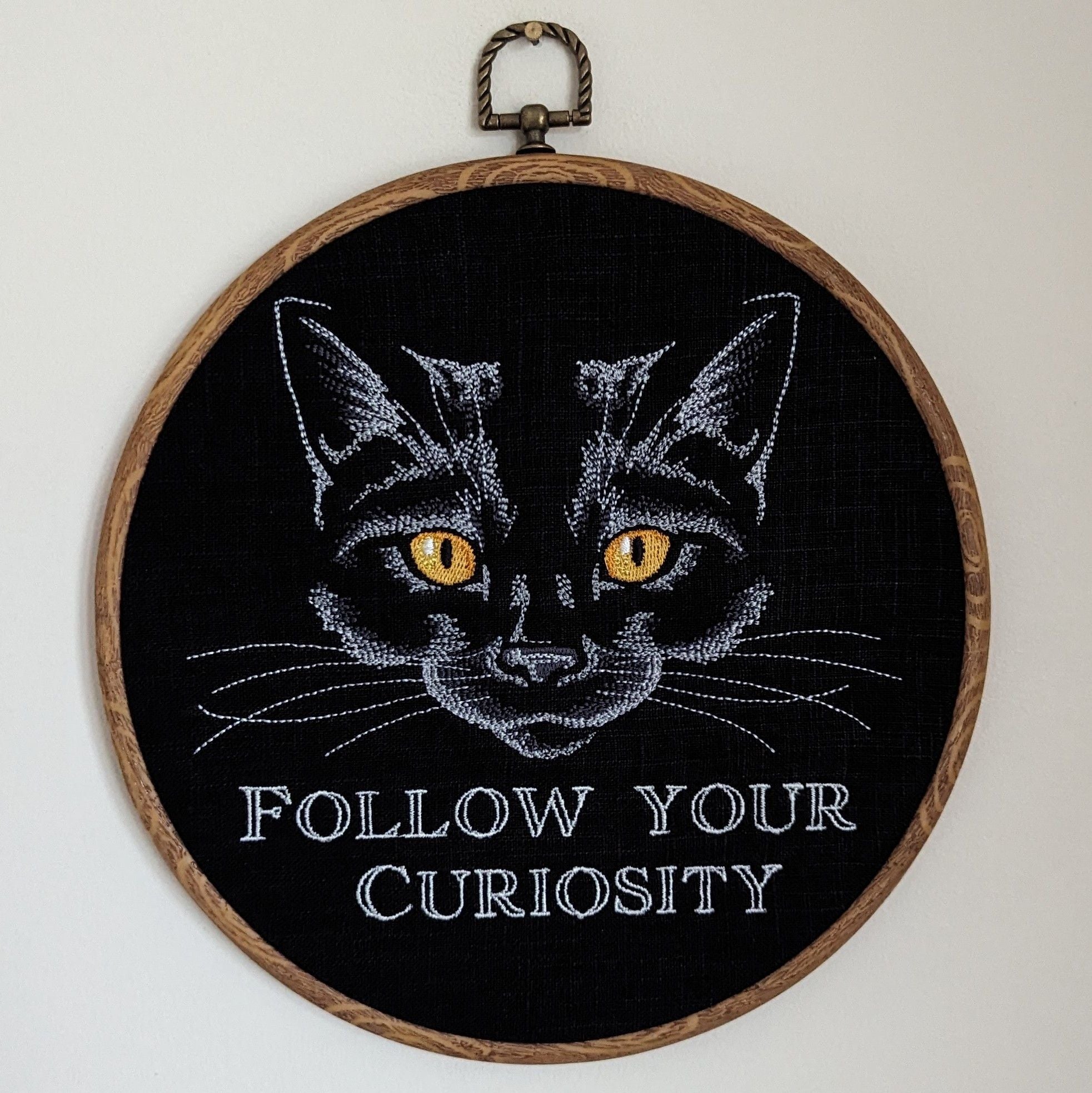 Follow your curiosity. Machine embroidered 8" hoop