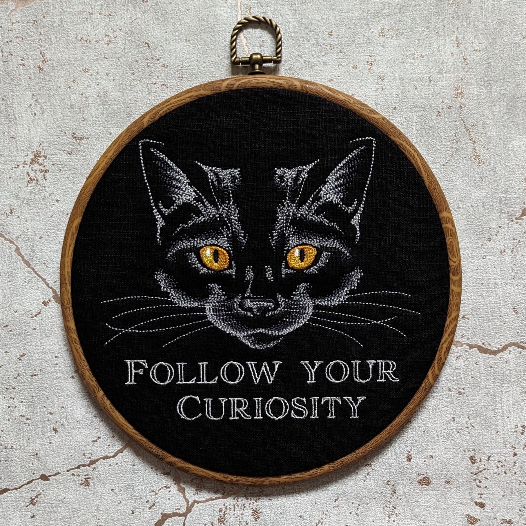 Follow your curiosity. Machine embroidered 8" hoop