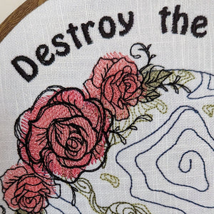 Destroy the Patriarchy not the Planet. Machine embroidery 8" hoop art