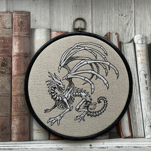 Skeleton Dragon embroidery art. Machine embroidery 8" hoop. Gothic décor