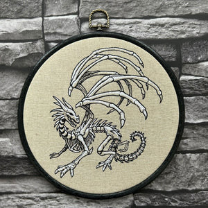 Skeleton Dragon embroidery art. Machine embroidery 8" hoop. Gothic décor