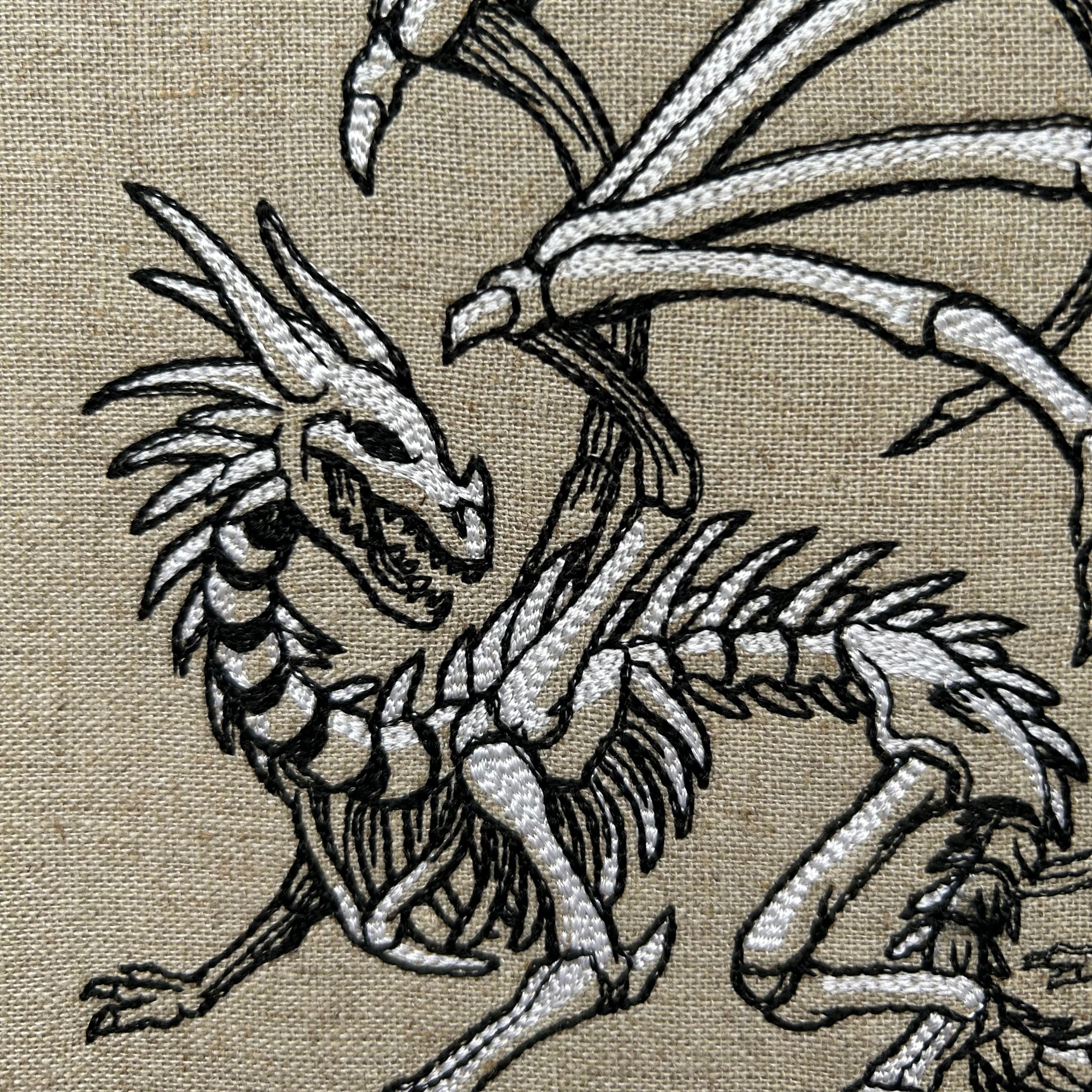 Skeleton Dragon embroidery art. Machine embroidery 8" hoop. Gothic décor