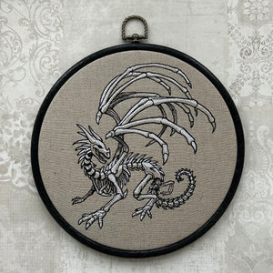 Skeleton Dragon embroidery art. Machine embroidery 8" hoop. Gothic décor