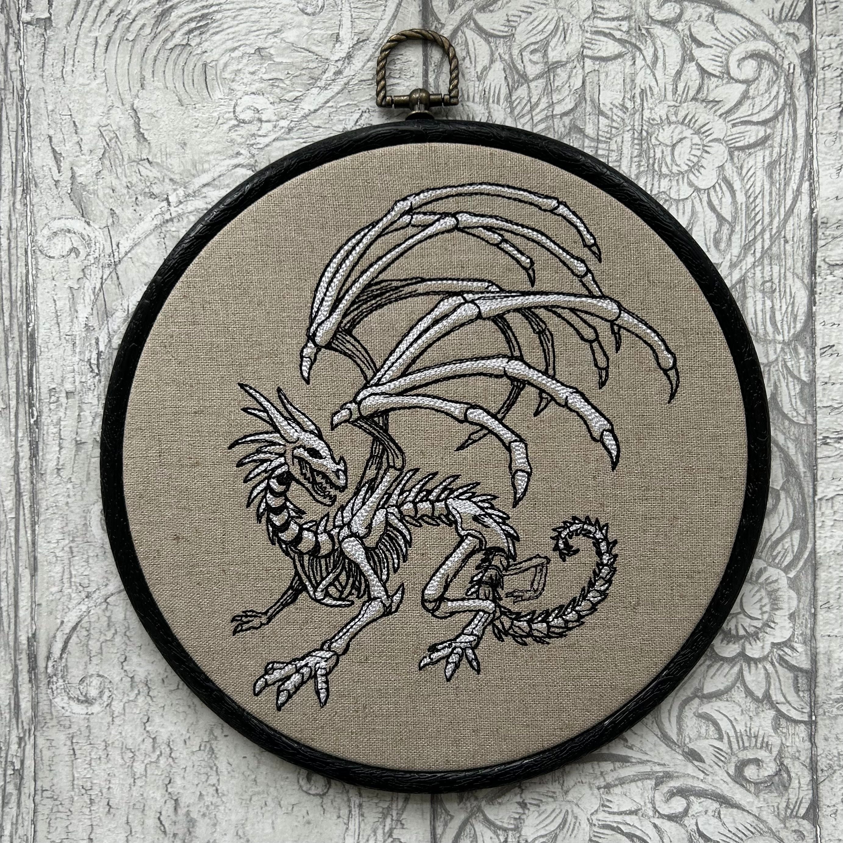 Skeleton Dragon embroidery art. Machine embroidery 8" hoop. Gothic décor