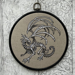 Skeleton Dragon embroidery art. Machine embroidery 8" hoop. Gothic décor