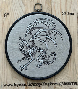 Skeleton Dragon embroidery art. Machine embroidery 8" hoop. Gothic décor