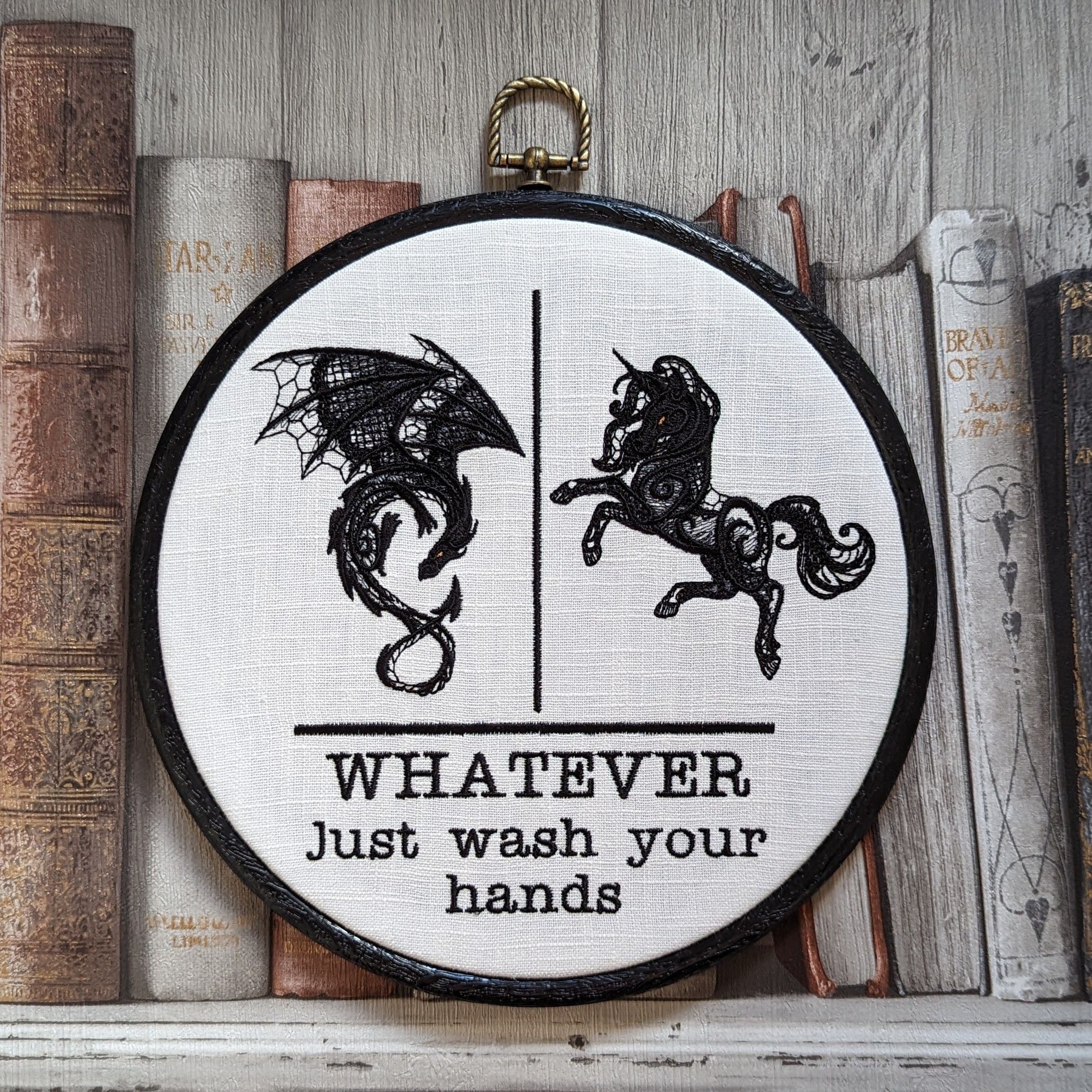Whatever just wash your hands. Machine embroidery 8" hoop. Gothic décor, bathroom décor.