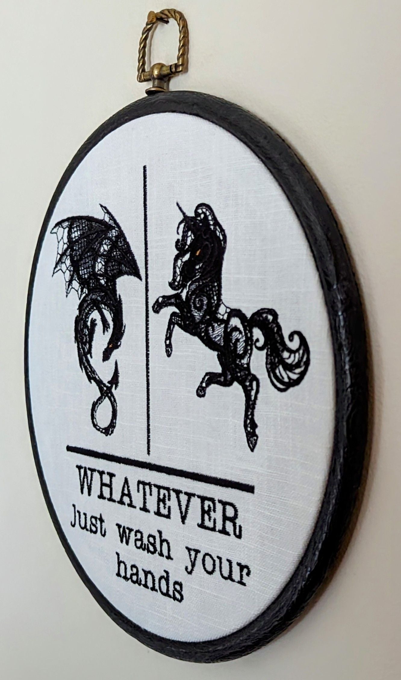 Whatever just wash your hands. Machine embroidery 8" hoop. Gothic décor, bathroom décor.