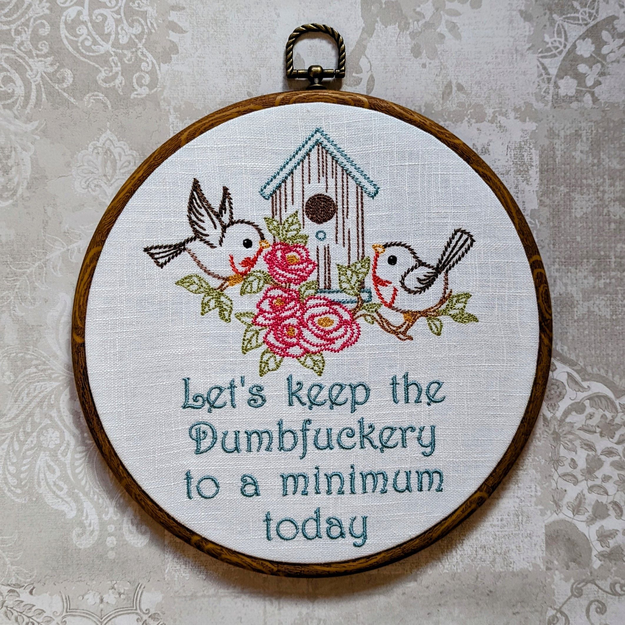 Let's keep the dumbfuckery to a minimum today. Machine embroidery 8" hoop art