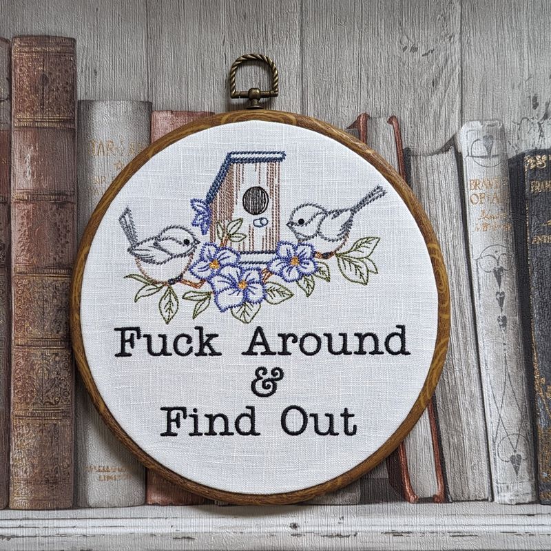 Fuck around and find out, machine embroidery 8" hoop art