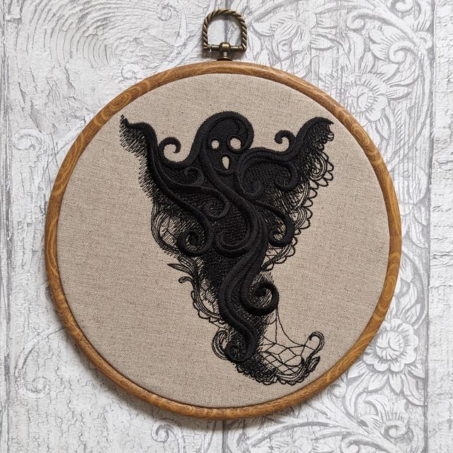 Lace Ghost embroidery art. Machine embroidery 8" hoop. Gothic décor