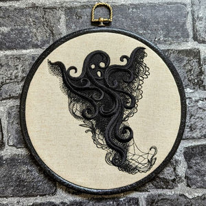 Lace Ghost embroidery art. Machine embroidery 8" hoop. Gothic décor