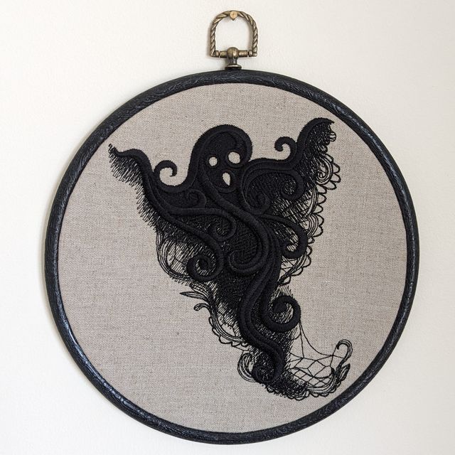 Lace Ghost embroidery art. Machine embroidery 8" hoop. Gothic décor