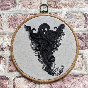 Lace Ghost embroidery art. Machine embroidery 8" hoop. Gothic décor