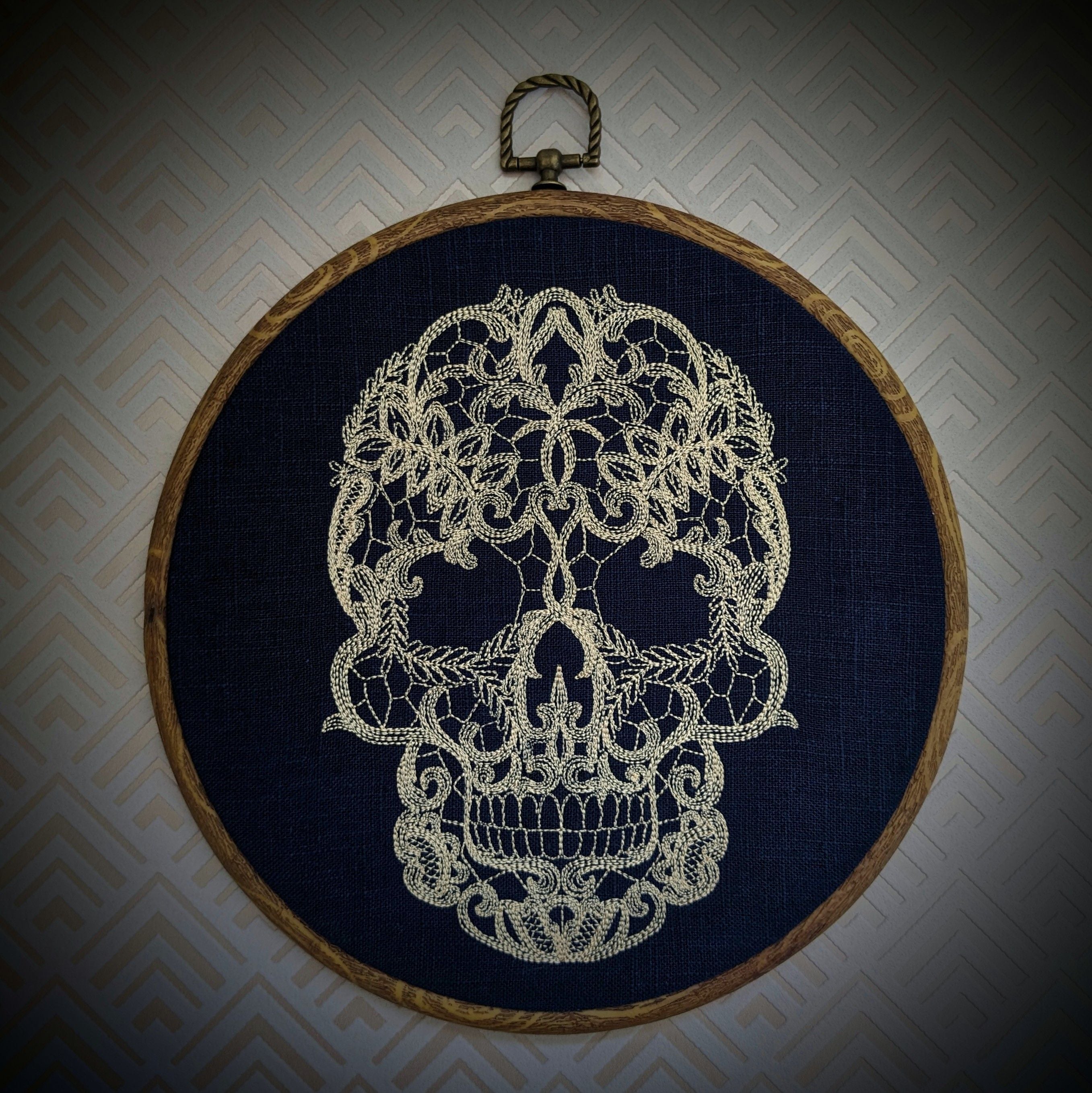 Lace Skull, machine embroidered 8" hoop art