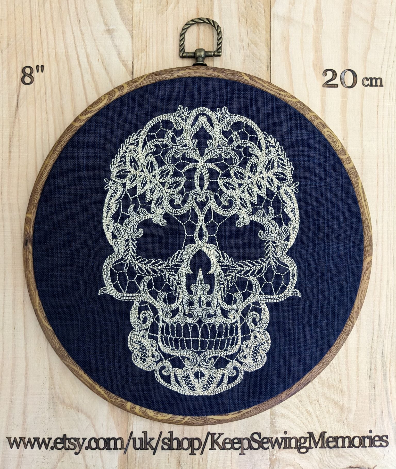 Lace Skull, machine embroidered 8" hoop art