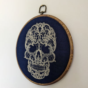 Lace Skull, machine embroidered 8" hoop art