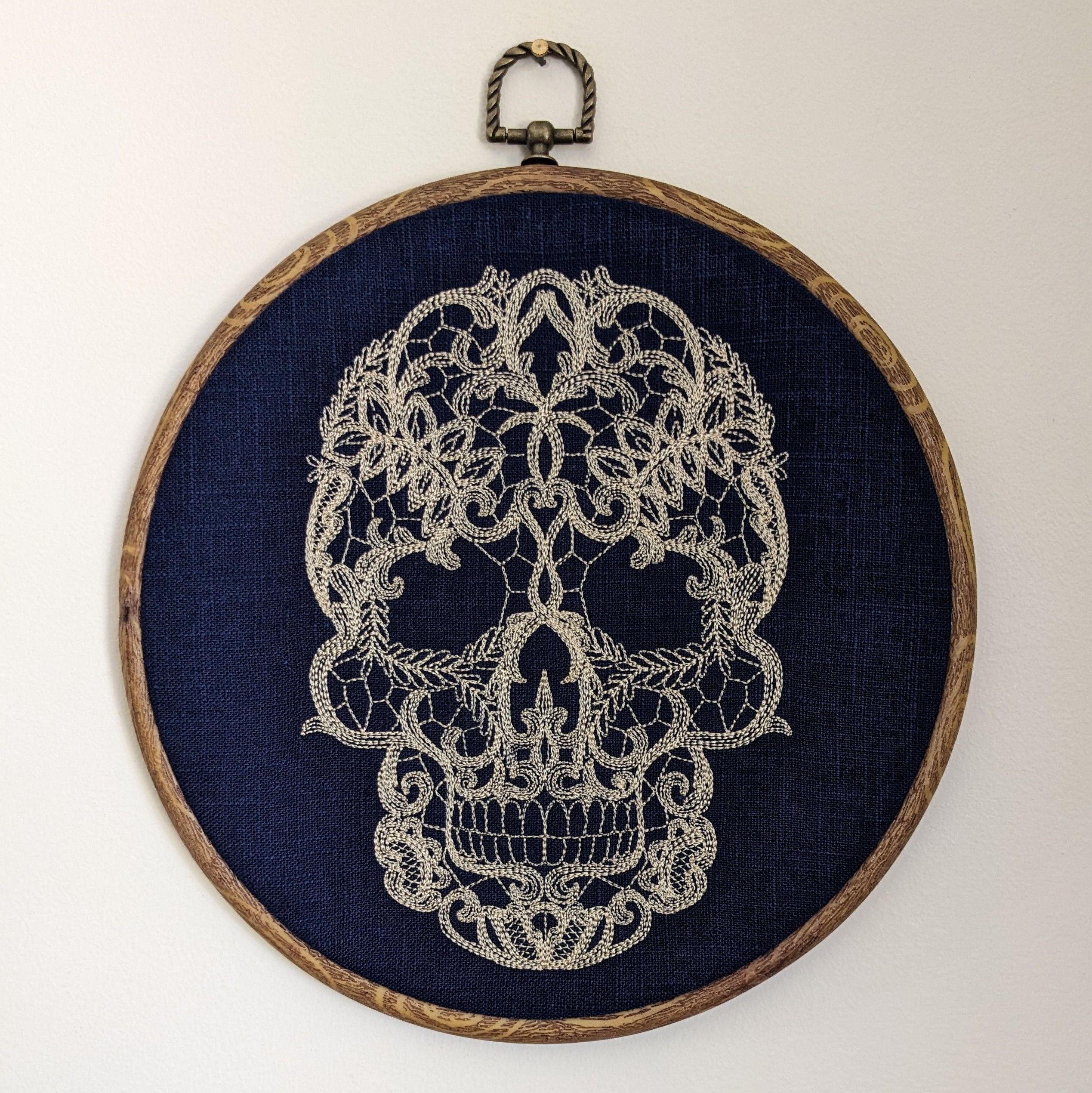 Lace Skull, machine embroidered 8" hoop art