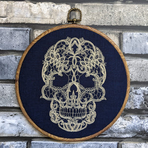 Lace Skull, machine embroidered 8" hoop art