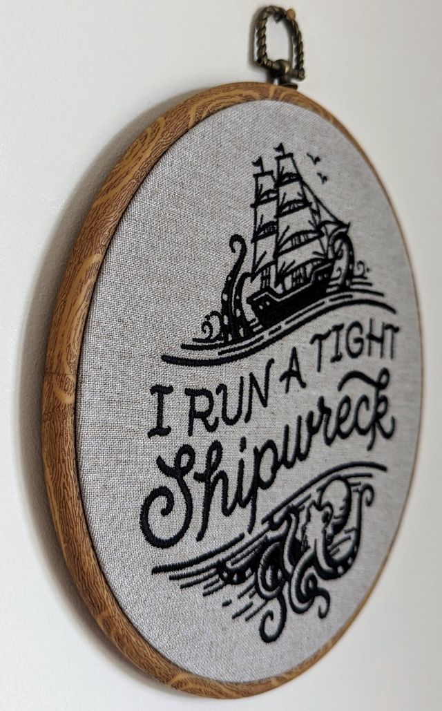 I run a tight shipwreck, 8" hoop machine embroidery hoop art