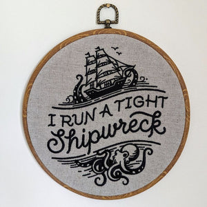 I run a tight shipwreck, 8" hoop machine embroidery hoop art