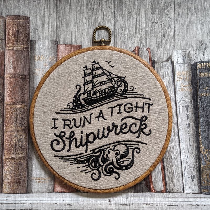 I run a tight shipwreck, 8" hoop machine embroidery hoop art