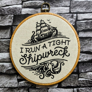 I run a tight shipwreck, 8" hoop machine embroidery hoop art