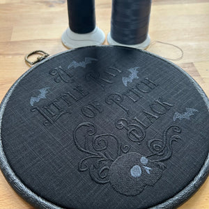 A Little Ray of Pitch Black,  Embroidered Hoop - moody, skull-and-bats embroidery for Halloween vibes all year long.