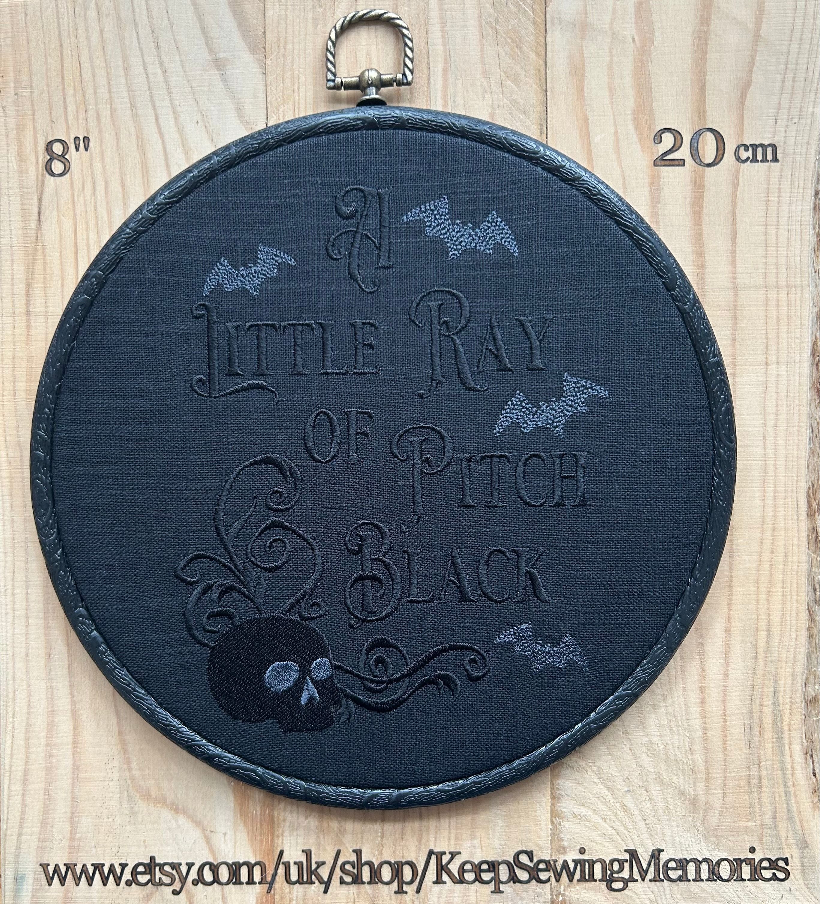 A Little Ray of Pitch Black,  Embroidered Hoop - moody, skull-and-bats embroidery for Halloween vibes all year long.