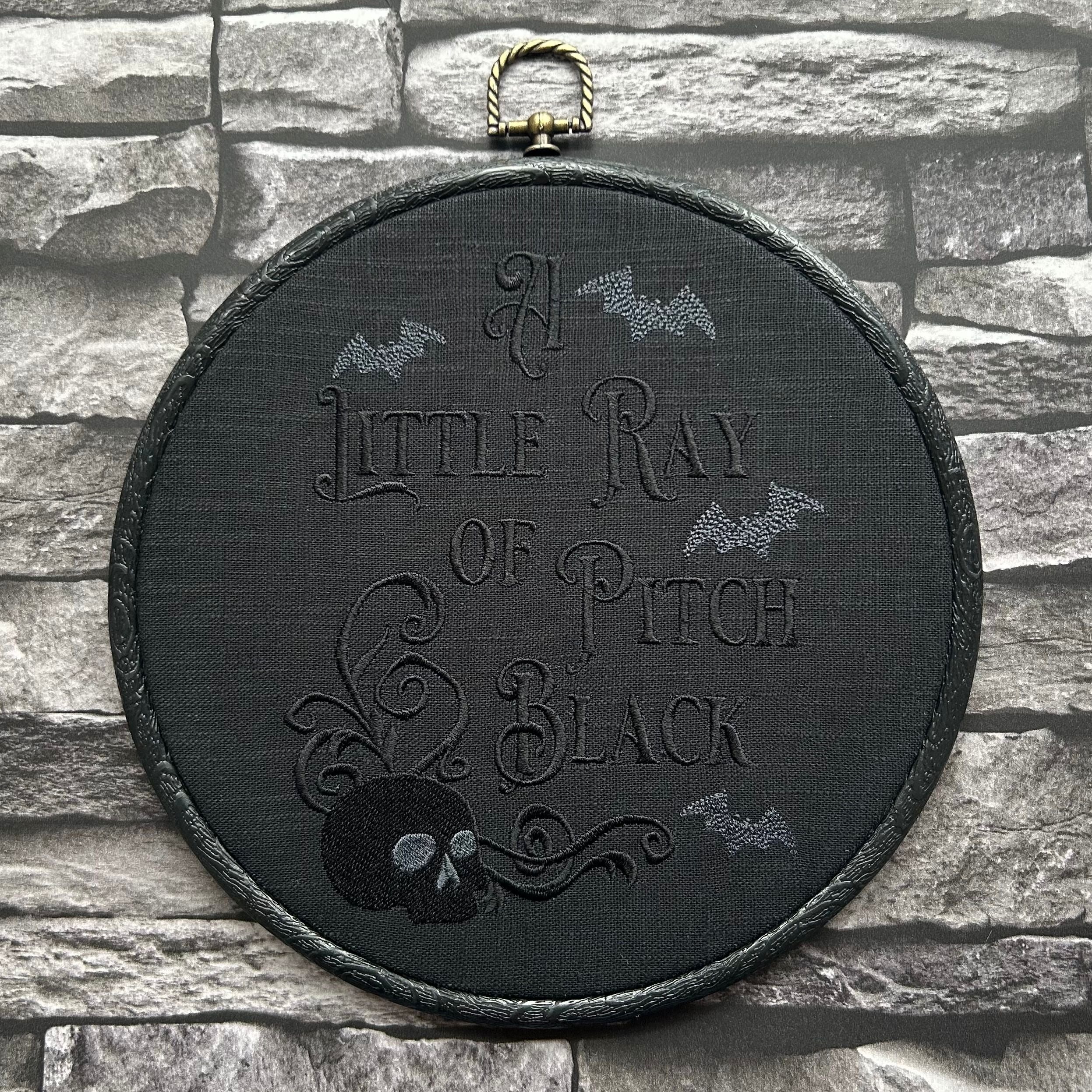 A Little Ray of Pitch Black,  Embroidered Hoop - moody, skull-and-bats embroidery for Halloween vibes all year long.