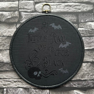 A Little Ray of Pitch Black,  Embroidered Hoop - moody, skull-and-bats embroidery for Halloween vibes all year long.