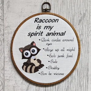 Raccoon is my spirit animal. Machine embroidery 8" hoop art