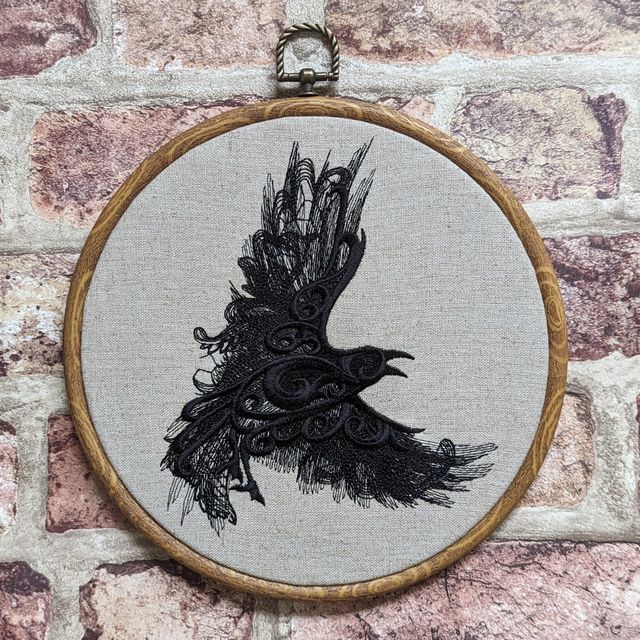 Lace Raven embroidery art. Machine embroidery 8" hoop.