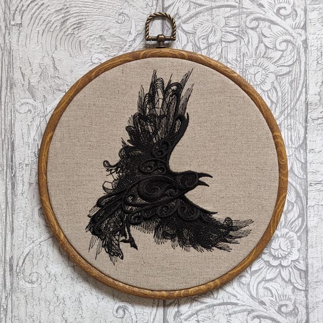 Lace Raven embroidery art. Machine embroidery 8" hoop.